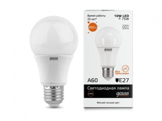 Лампа светодиодная GAUSS А60 Е27 10Вт теп.свет