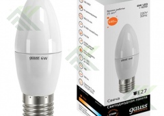 Лампа светодиодная GAUSS Е27 6Вт теп.свет свеча