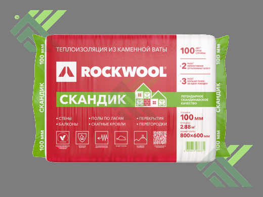 Утеплитель базальтовый ROCKWOOL ЛайтБаттс Скандик100мм(плита 600х800мм) 2,88м2/0,288м3(Б/Н>20-1209р)